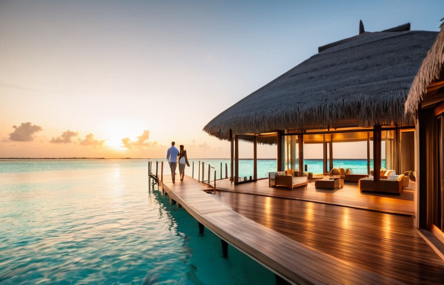 Overwater villa in the Maldives at golden hour