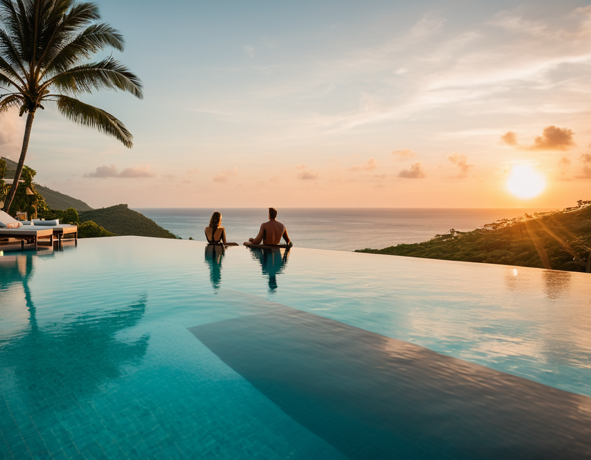 Couple relaxing at an infinity pool overlooking the ocean at sunset